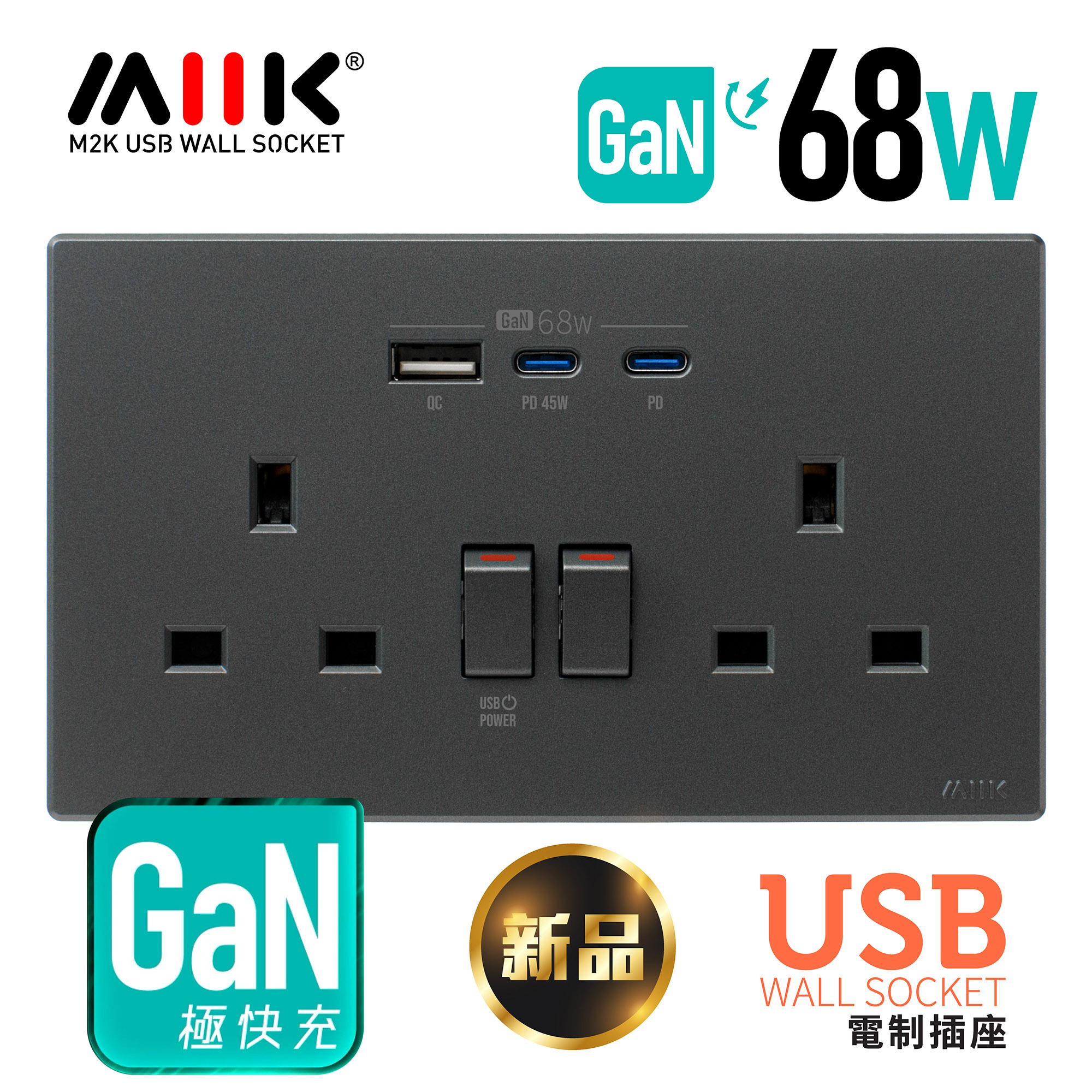 M2K GaN68W Type-C/USB 電制插座 (孖蘇) - 石墨灰