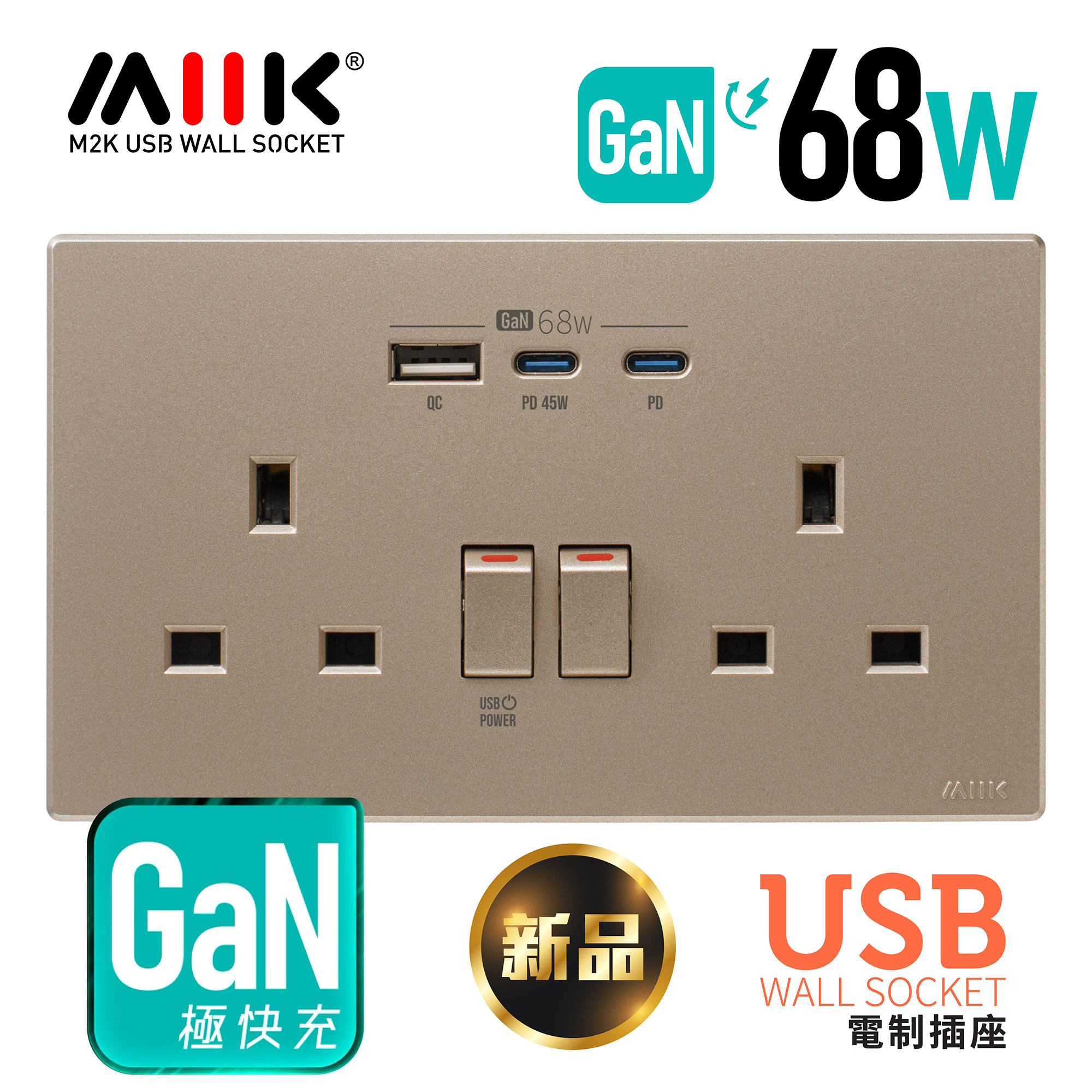 M2K GaN68W Type-C/USB 電制插座 (孖蘇) - 玫瑰金