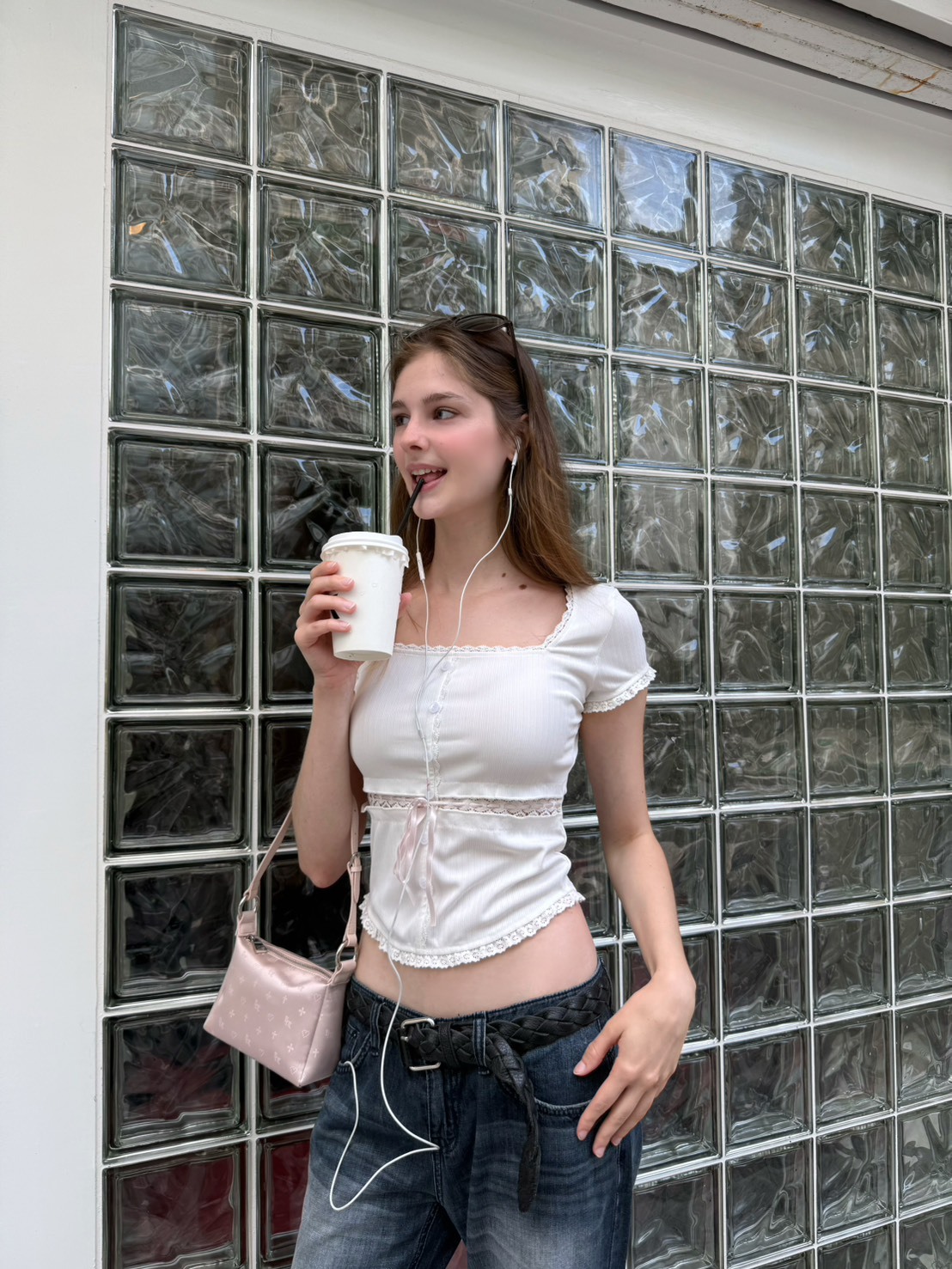 現貨! 9.amez project juicy pink lace top (white) 直坑簍空蕾絲上衣