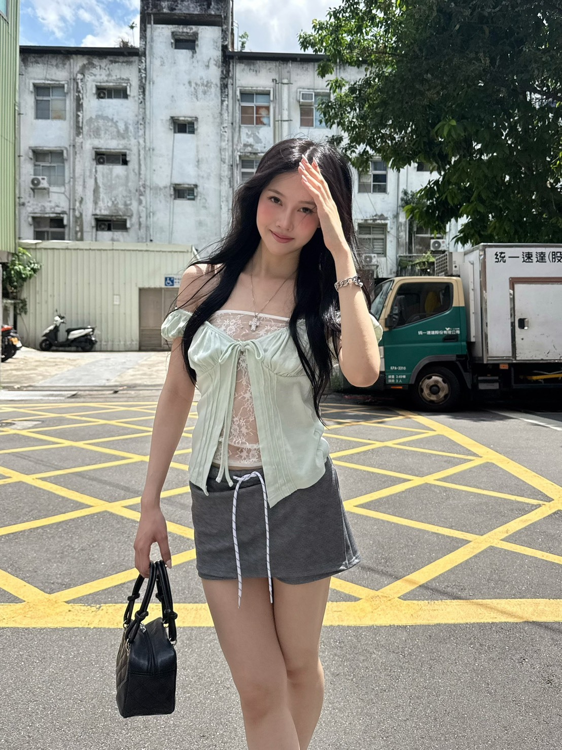 9.amez project muir mood lace top (green) 蕾絲拼接綁帶上衣