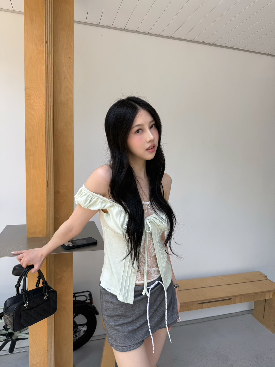 9.amez project muir mood lace top (green) 蕾絲拼接綁帶上衣