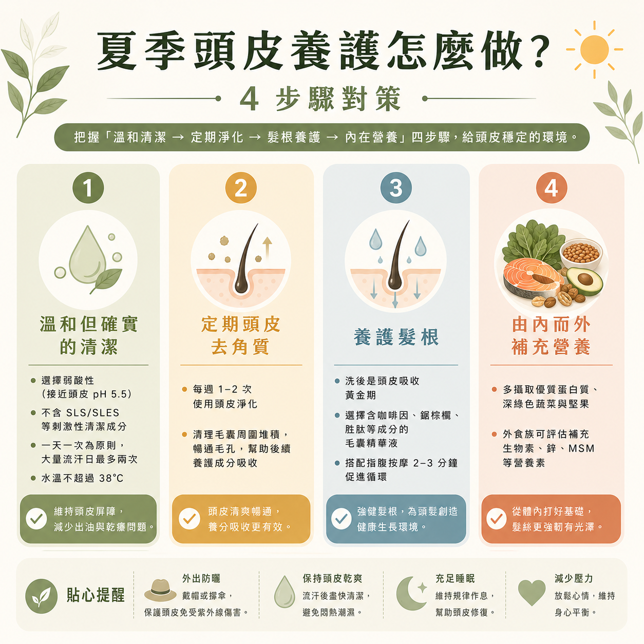 夏季頭皮養護怎麼做? 用4 步把髮根緊緊抓住 把握「溫和清潔 → 定期淨化 → 髮根養護 → 內在營養」四步驟,給頭皮穩定的環境。