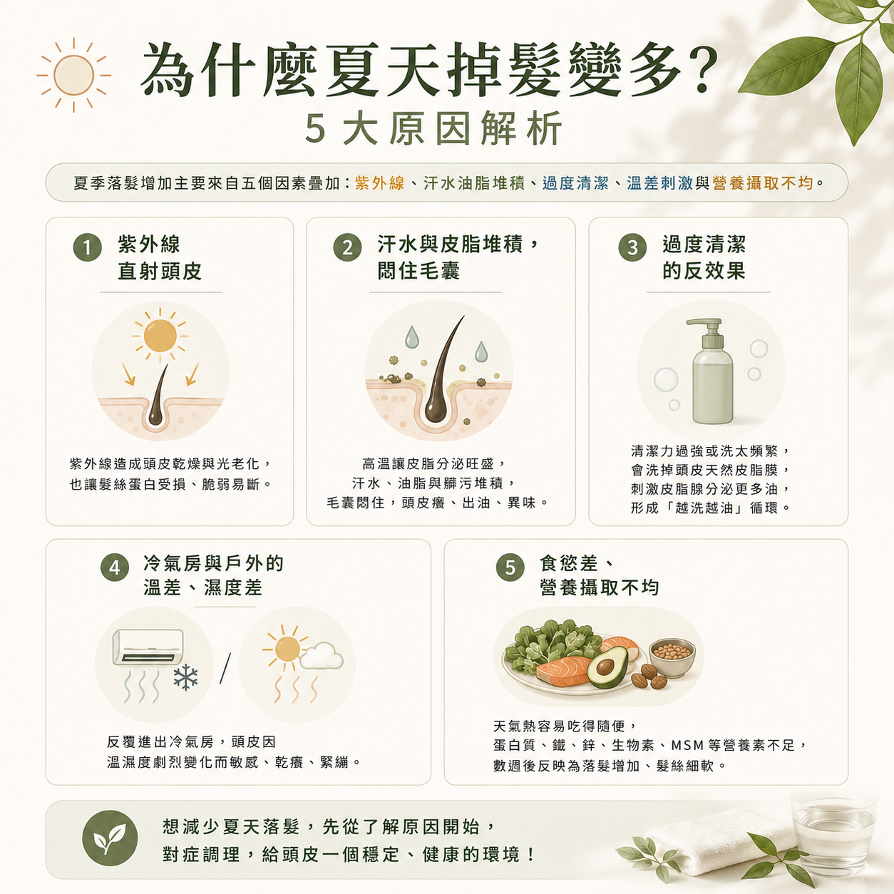 為什麼夏天掉髮變多? 5 大原因解析 夏季落髮增加主要來自五個不同的因素疊加,紫外線、汗水、油脂堆積、過度清潔、溫差刺激與營養攝取不均。