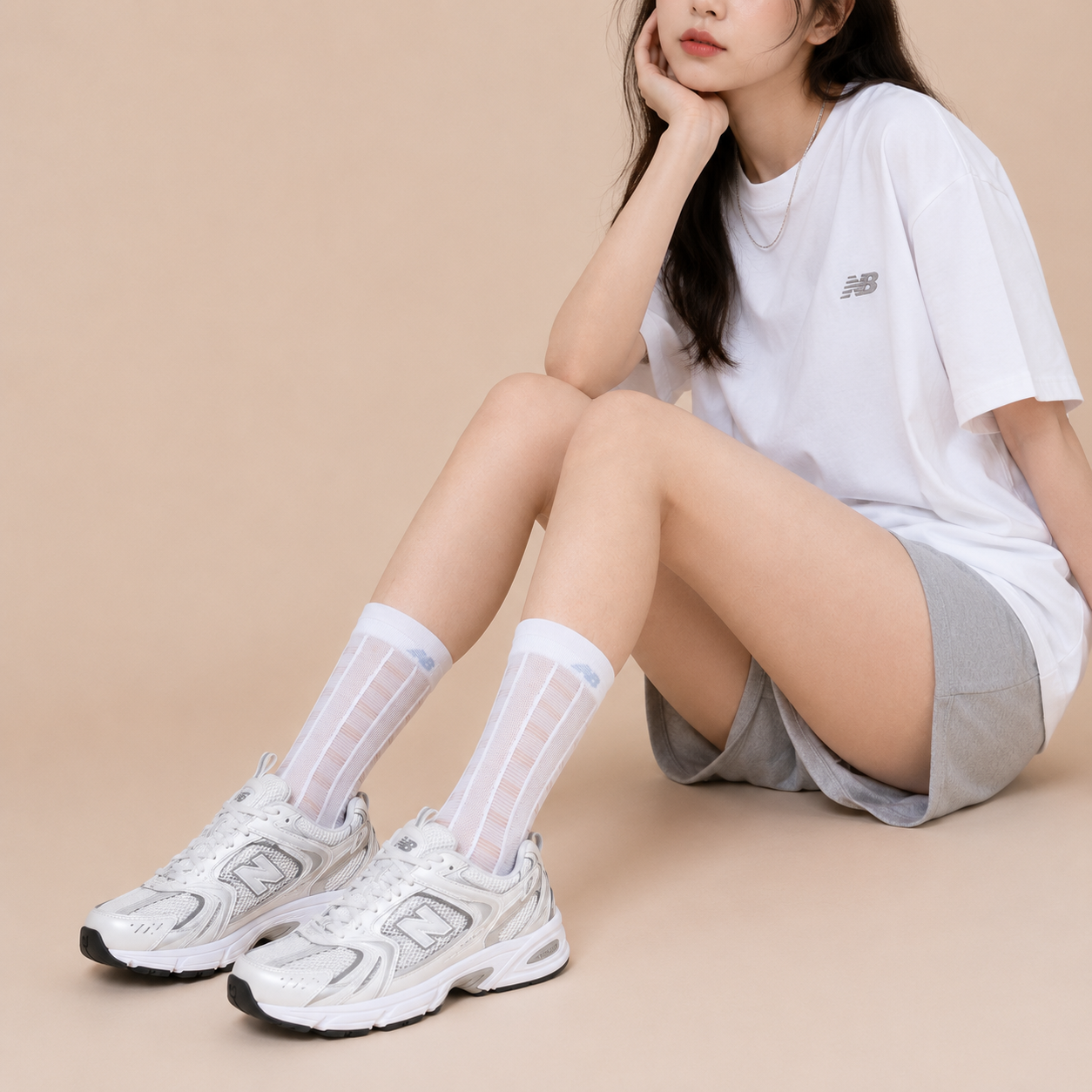 NEW BALANCE 長襪 泡泡襪 白色 黃色 透膚造型 高筒襪 女 AC83595DGL AC83595WT