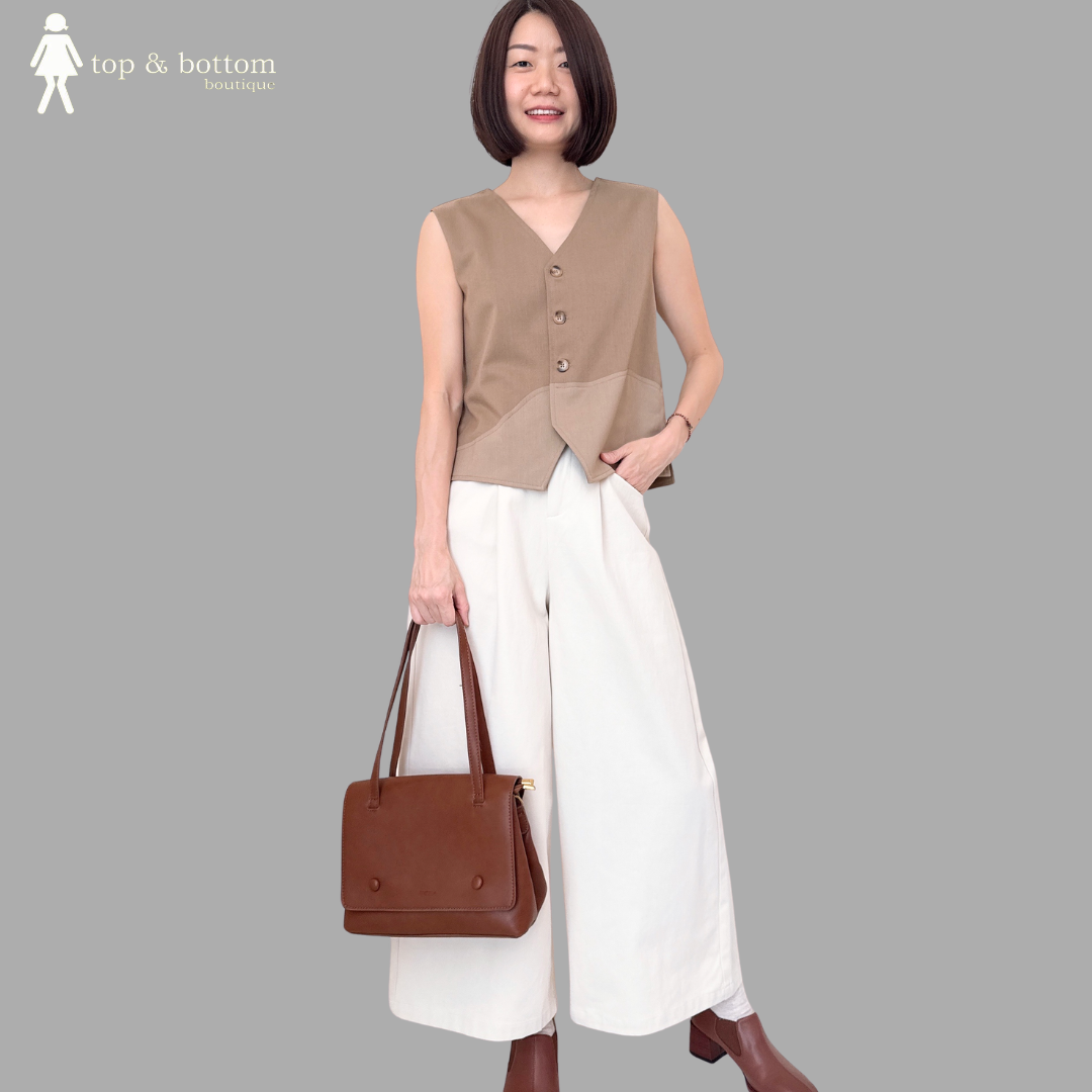 SLEEVELESS V NECK TWO TONE BUTTON VEST BLOUSE