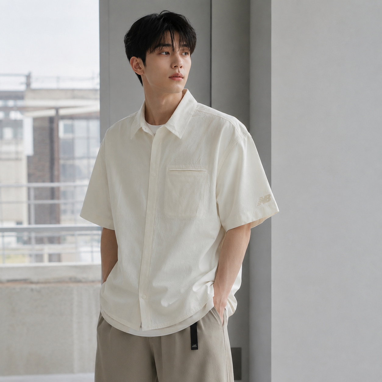 NEW BALANCE 短袖 NB 米白 透氣網布 短袖襯衫 男 MT62F3L5SST