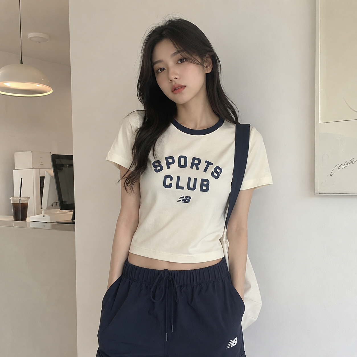 NEW BALANCE 短T NB 米白 藍LOGO 短版 短袖 上衣 女 WT62T7UMCIC