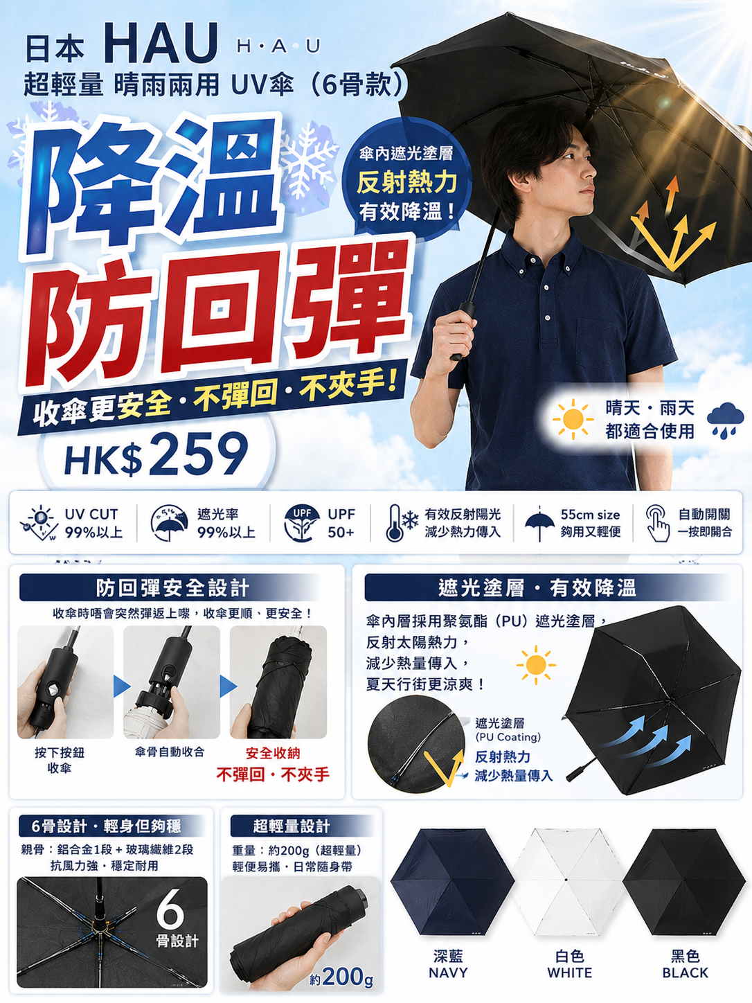日本HAU 超輕量 防曬 防回彈 晴雨兩用 UV傘 遮（6骨款）$259