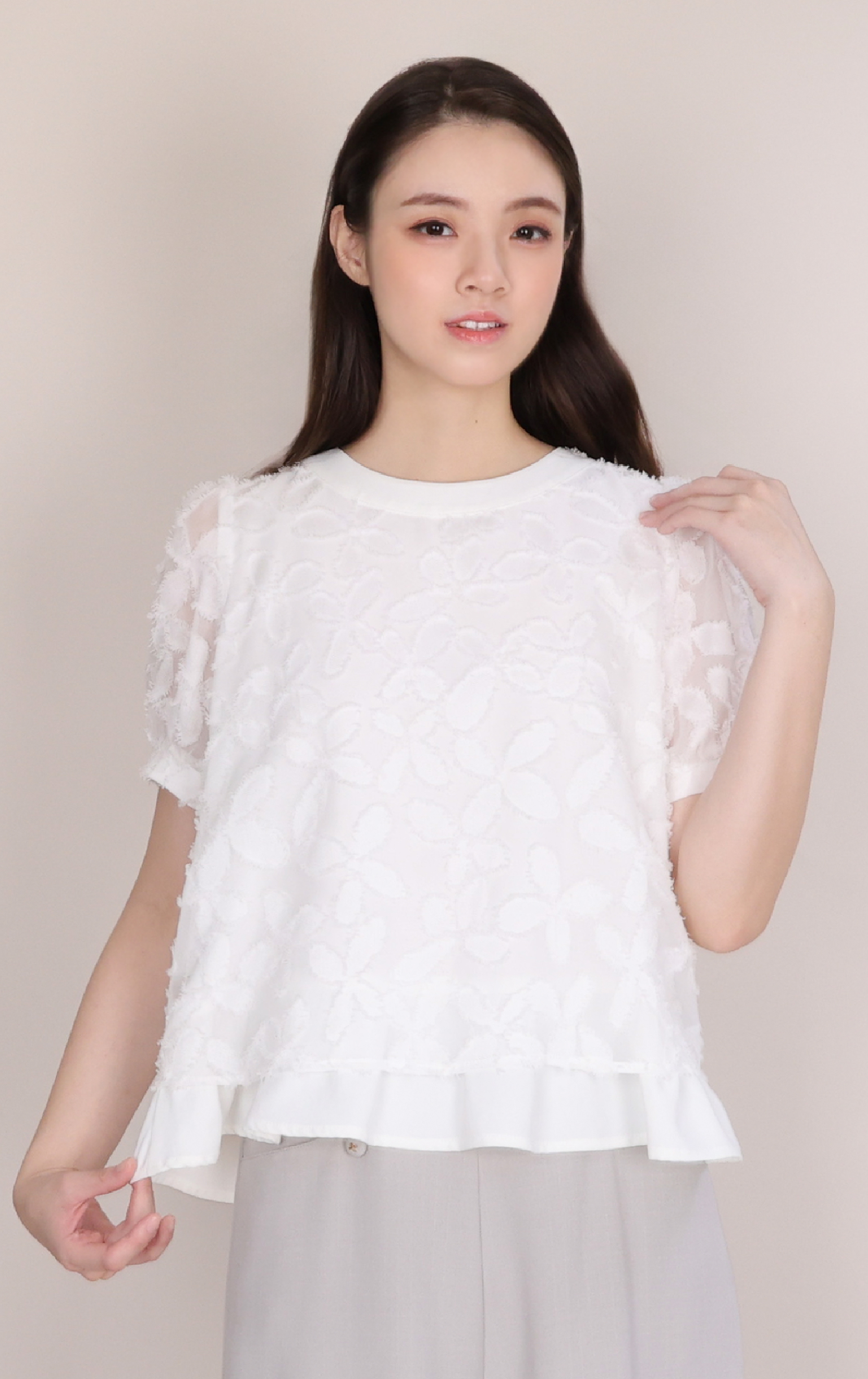 Sheer Lace Jacquard Panelled Ruffle Top SH0409