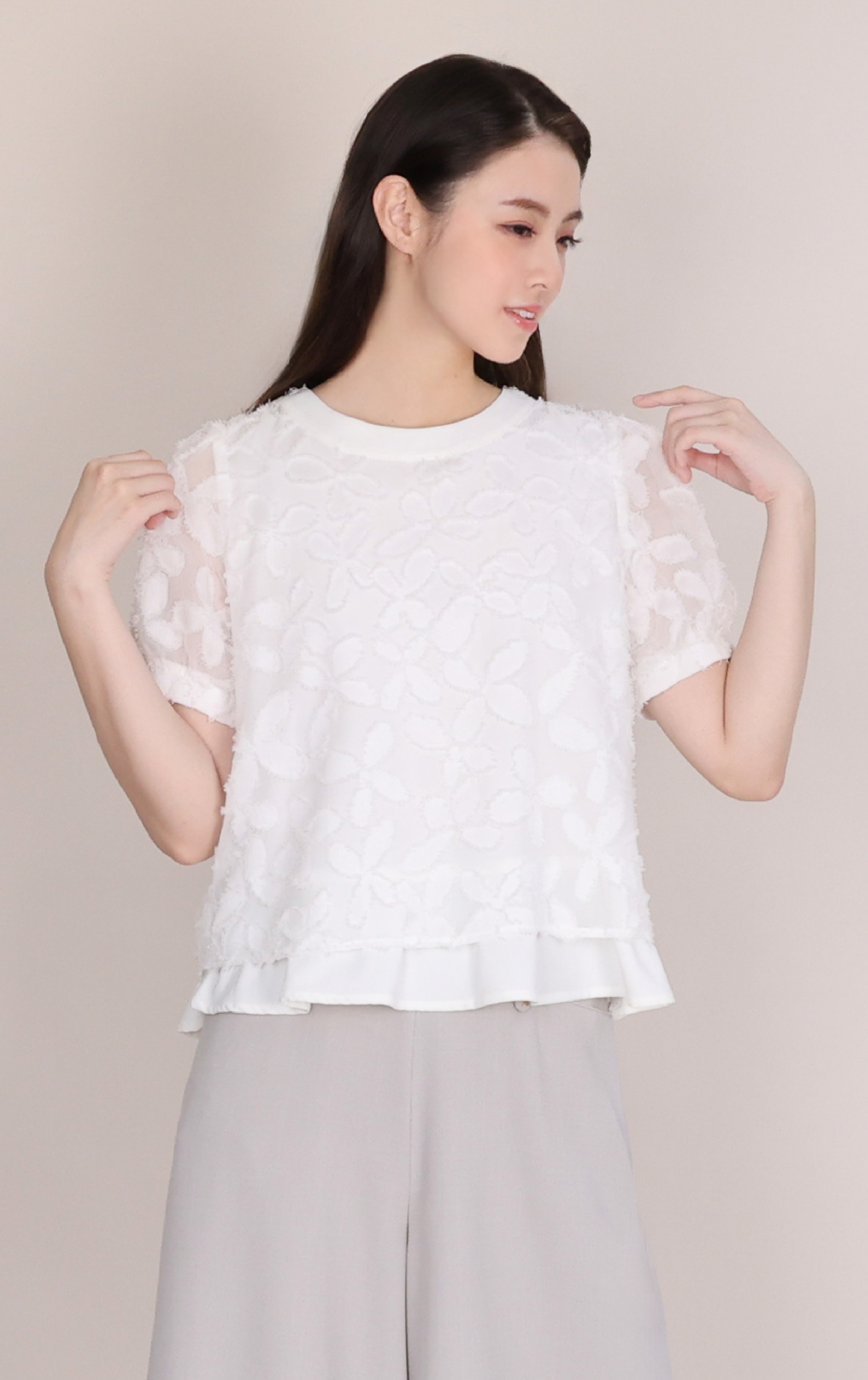 Sheer Lace Jacquard Panelled Ruffle Top SH0409
