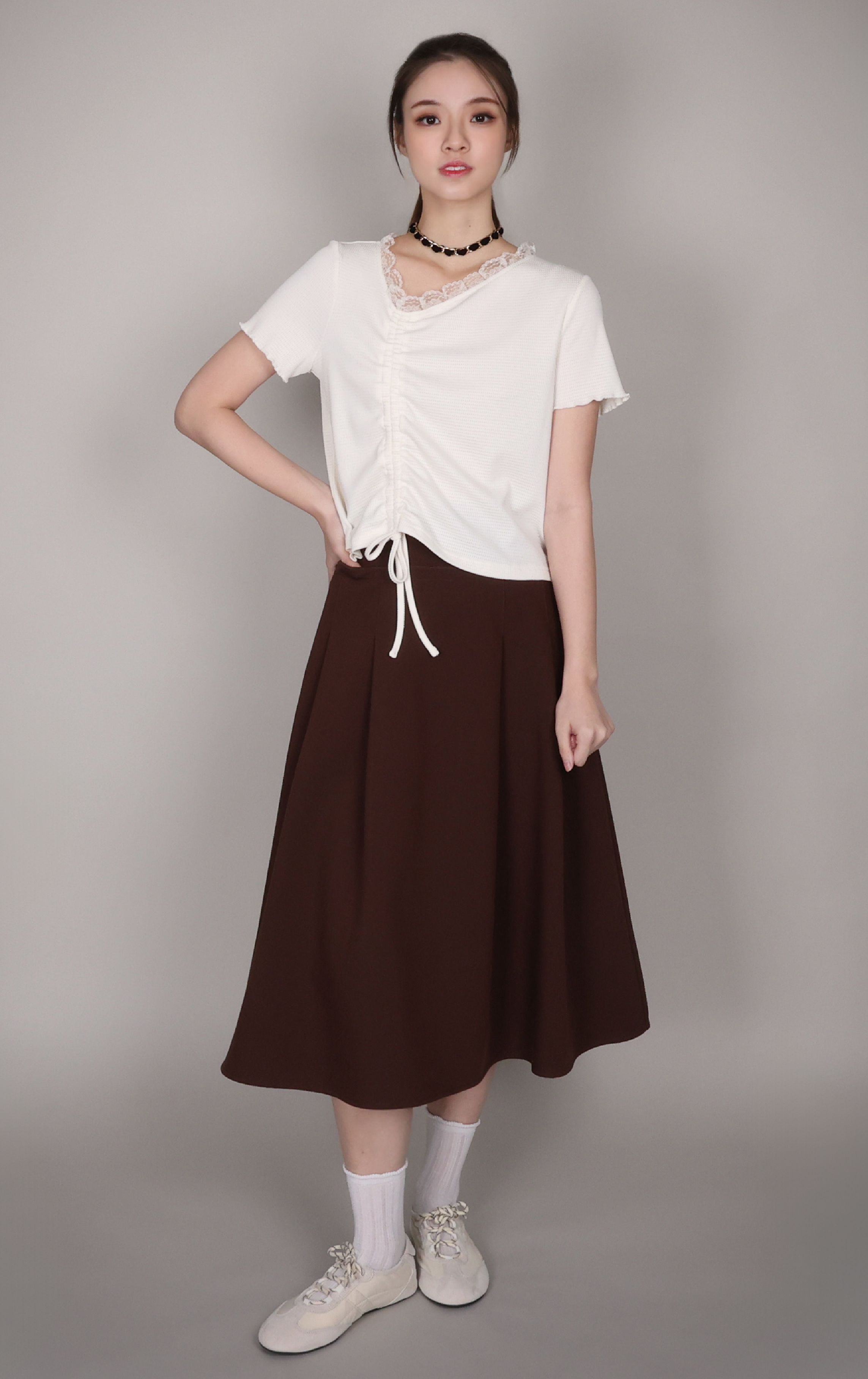 Asymmetrical Neck Ruched Lace-Trim Top ST0459