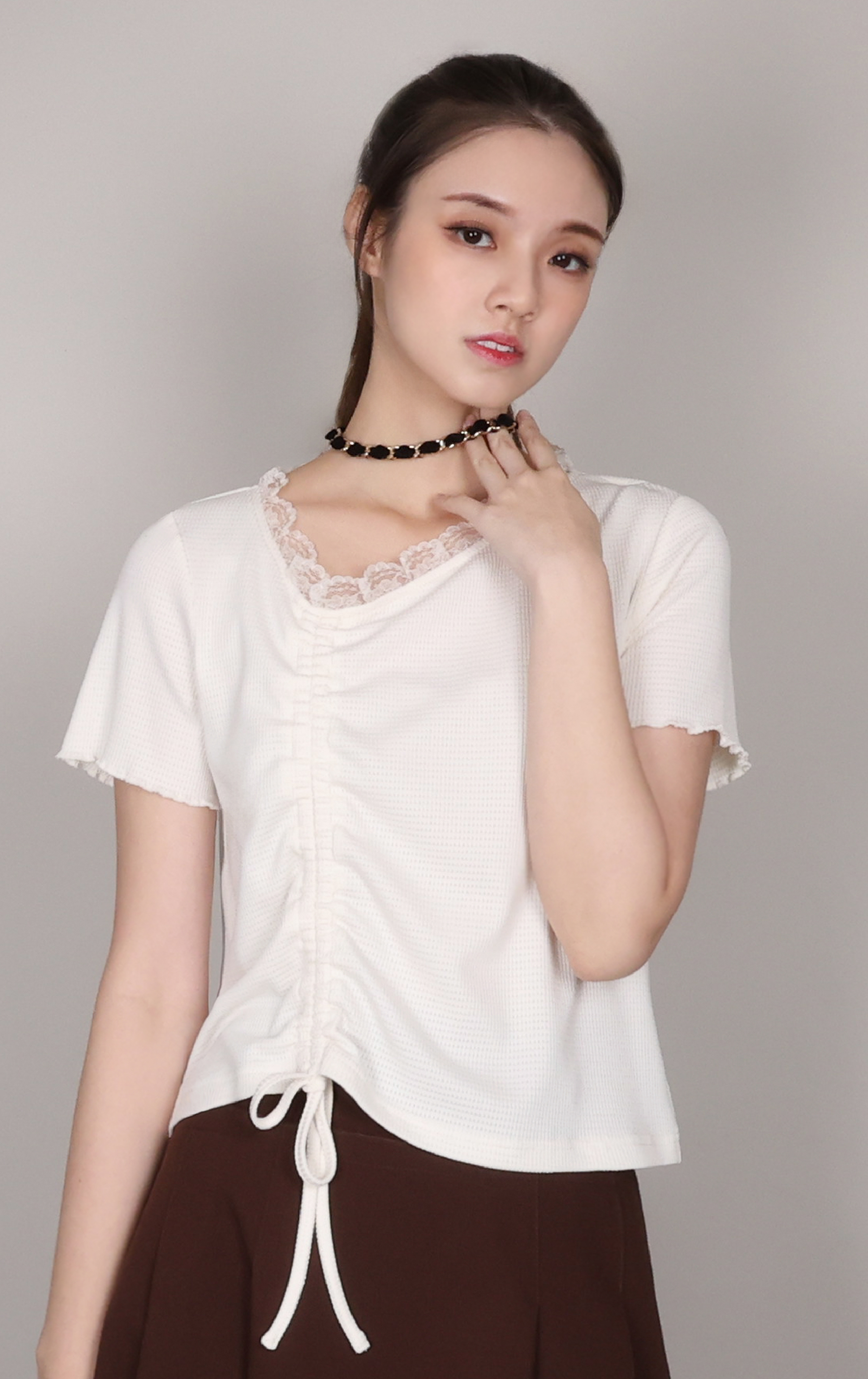 Asymmetrical Neck Ruched Lace-Trim Top ST0459