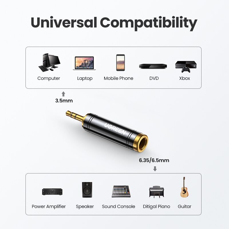 【官方正貨】UGREEN 綠聯 60711 (AV168) 3.5mm公轉6.35mm(6.5mm)母 Hi-Fi立體聲音訊轉接頭 | 24K鍍金接頭 (專業耳機/電吉他/電子琴/混音器/筆電/手機)