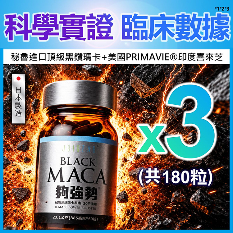 JBIOLAB - 瑪卡【3盒特惠裝共180粒】【夠強勢】α-MALE秘鲁黑鑽瑪卡膠囊(20倍濃縮)【日本百年大廠製造:多項臨床數據】(秘魯20倍濃縮黑鑽瑪卡+PRIMAVIE®印度喜來芝+韓國高麗蔘)