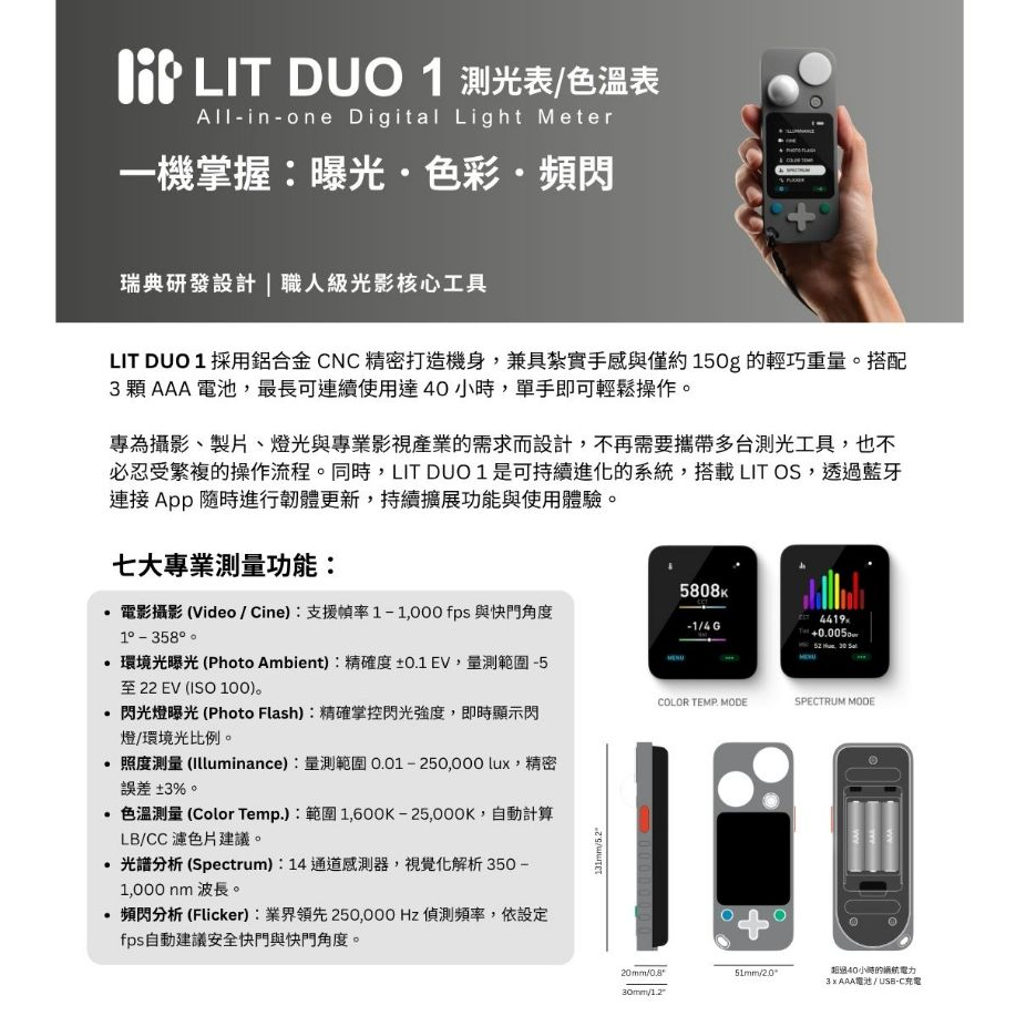 全客訂 請先訊息確認供貨 Lit Duo 1 數位 測光表 色溫表 多功能電子照度色度計 (公司貨)