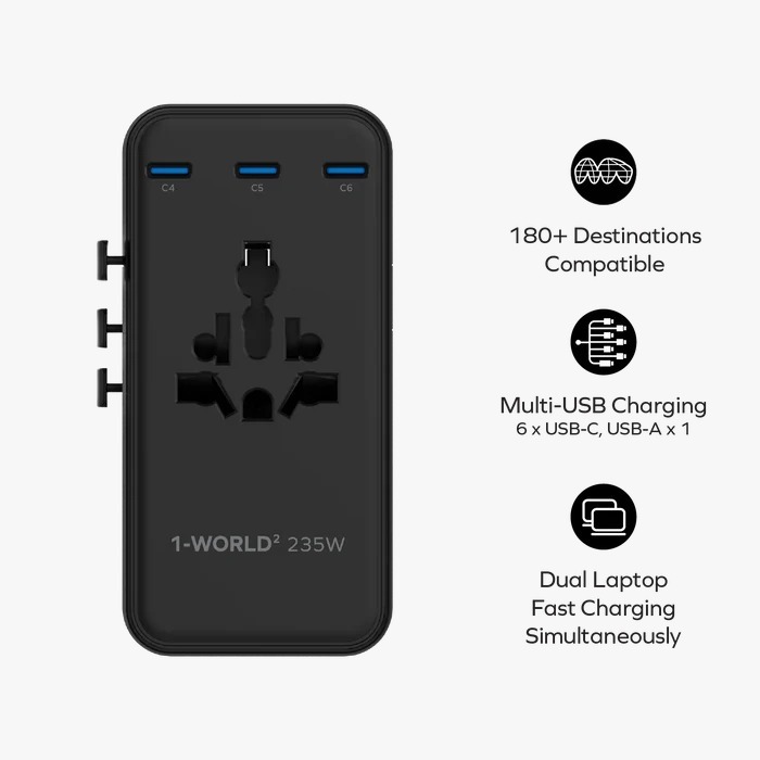 MOMAX 1-World² 235W Dreamer 235 七接口雙 AC 旅行充電插座｜UA33 GaN 快充旅行轉插