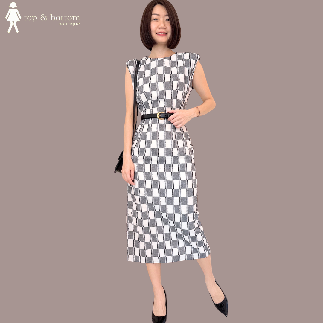 SLEEVELESS FURRY CHECKED PENCIL MIDI DRESS (WITHOUT BELT)