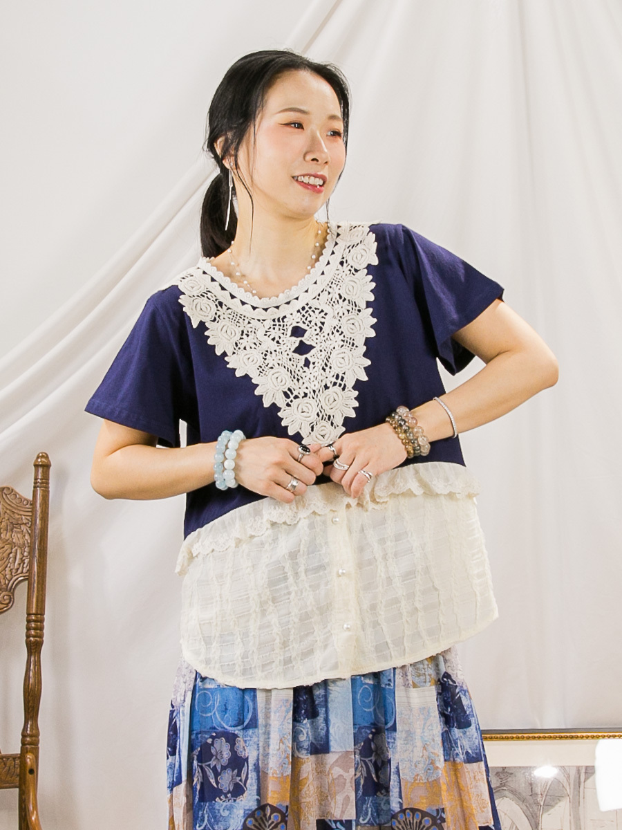 【SUMMER SALE】下擺扣鈕雪紡料．胸位棉LACE．COTTON料TOP【不設退換】