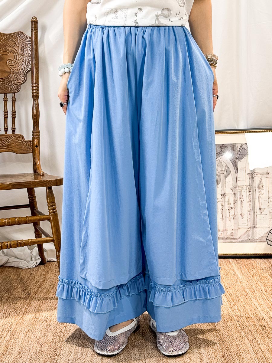 【SUMMER SALE】橡根腰．腳位RUFFLE邊．滑滑料裙褲 (有袋)【不設退換】