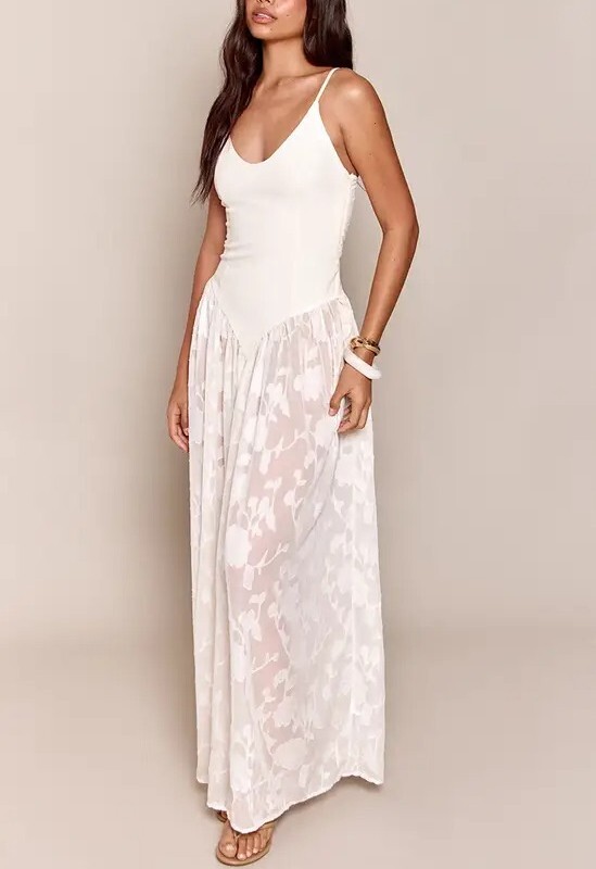 Creamy White奶油白色網紗花卉紋理Dress