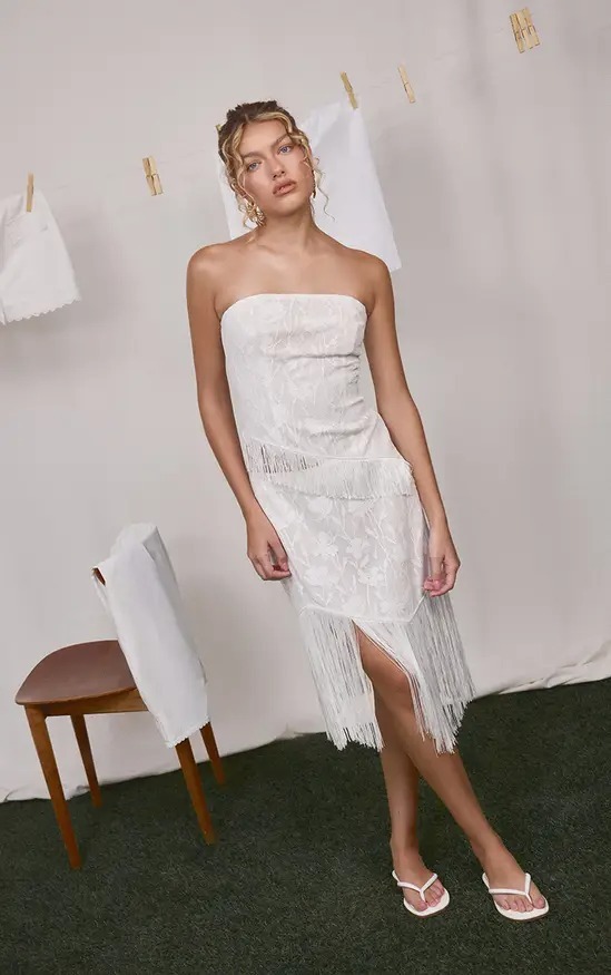 White Floral白色花卉紋理針織流蘇Midi Skirt