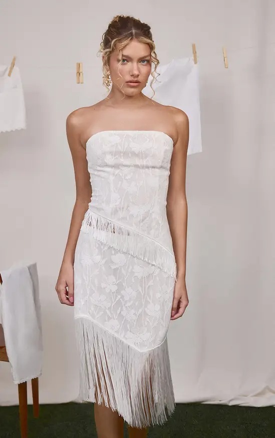 White Floral白色花卉紋理針織流蘇Midi Skirt