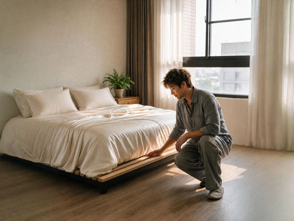 男性蹲著確認床架_淺色天絲寢具_晨光