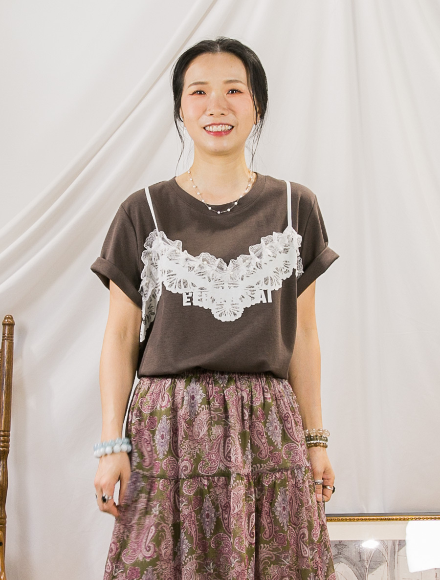 【SUMMER SALE】胸位LACE RUFFLE 釘珍珠．圖案PRINT．COTTON料TOP【不設退換】