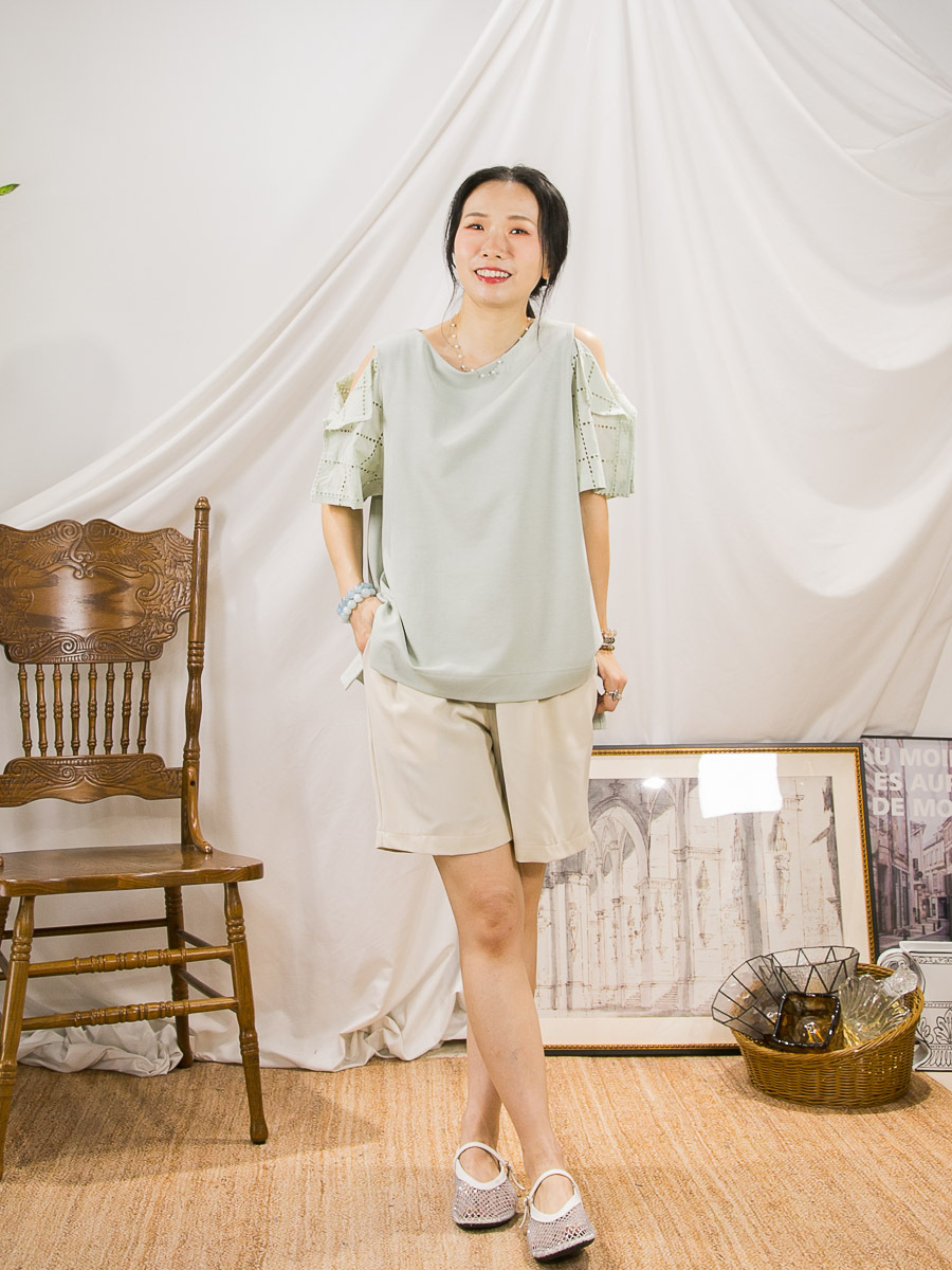 【SUMMER SALE】手袖通通刺繡麻棉料．COTTON料 OFF SHOULDER TOP【不設退換】