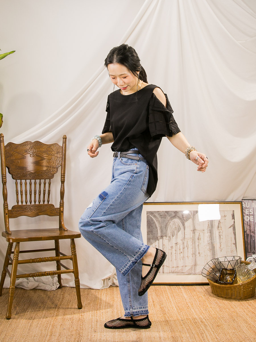 【SUMMER SALE】手袖通通刺繡麻棉料．COTTON料 OFF SHOULDER TOP【不設退換】