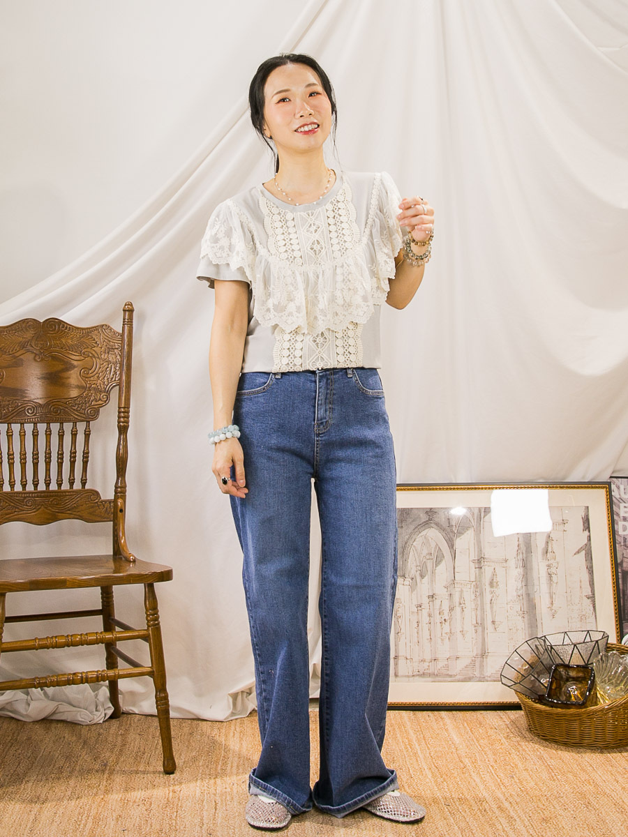【SUMMER SALE】胸位LACE網布RUFFLE．中間一行棉LACE．COTTON料TOP【不設退換】
