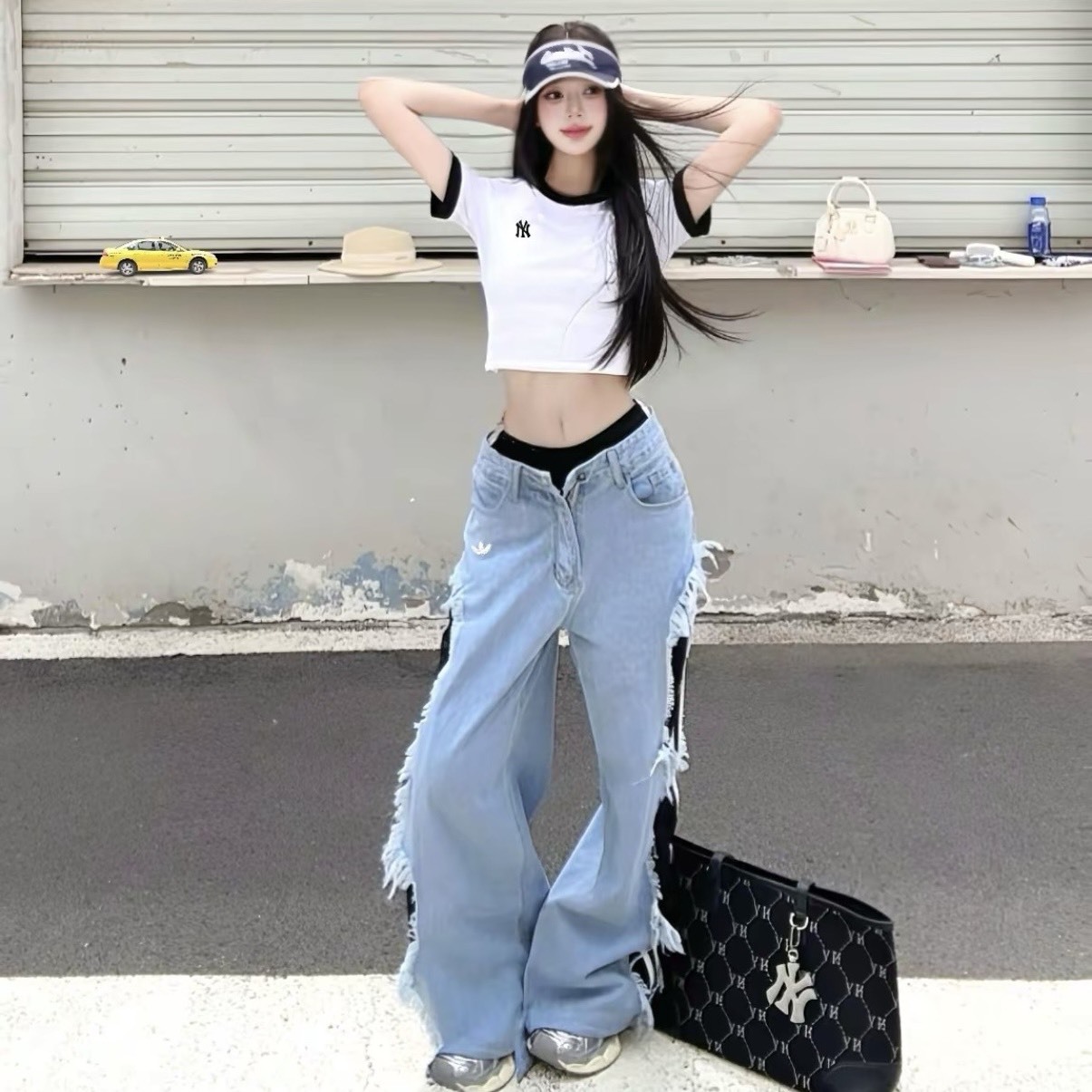 【代購/高街辣妹】 Adidas ADILENIUM 破壞流蘇牛仔寬鬆闊腿長褲 KY5192 女款