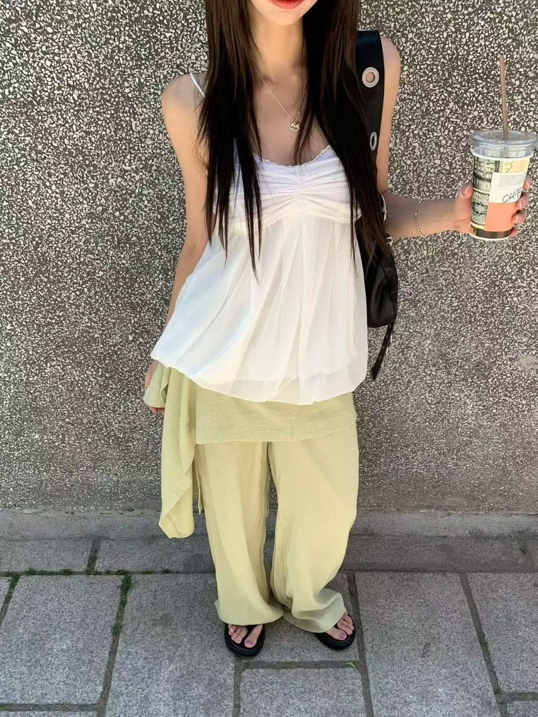 吊帶垂紗泡泡長背心