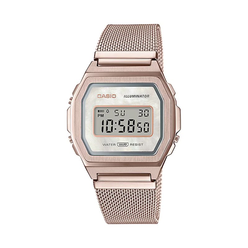 Casio 全不銹鋼 玫瑰金 超薄 復古跳字錶 貝母面 A1000MCG-9EF