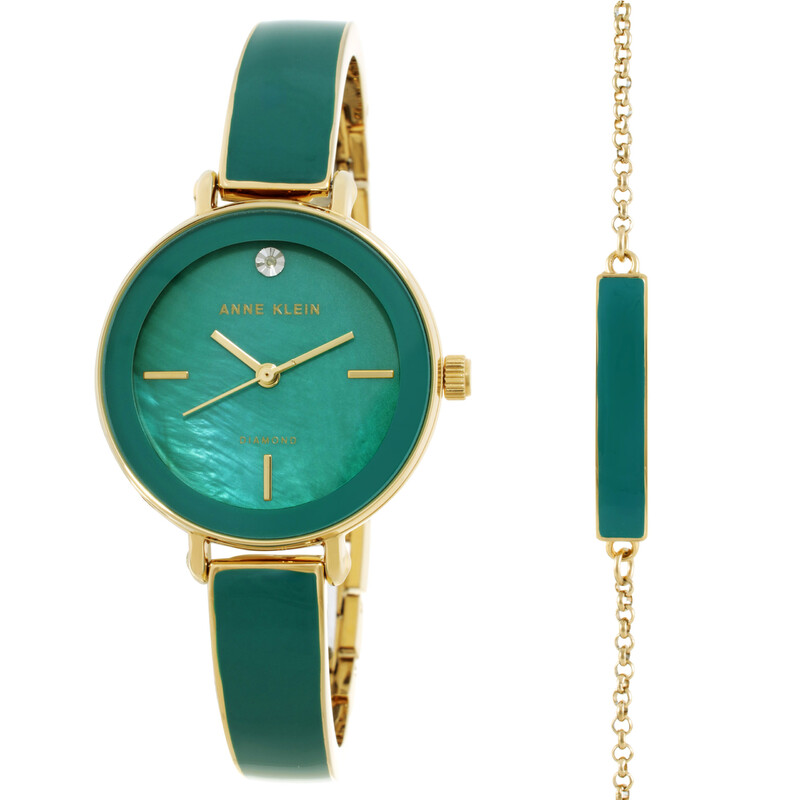 【預購】Anne Klein H072401 女裝 珍珠母貝錶盤手錶手鏈套裝 (綠色)