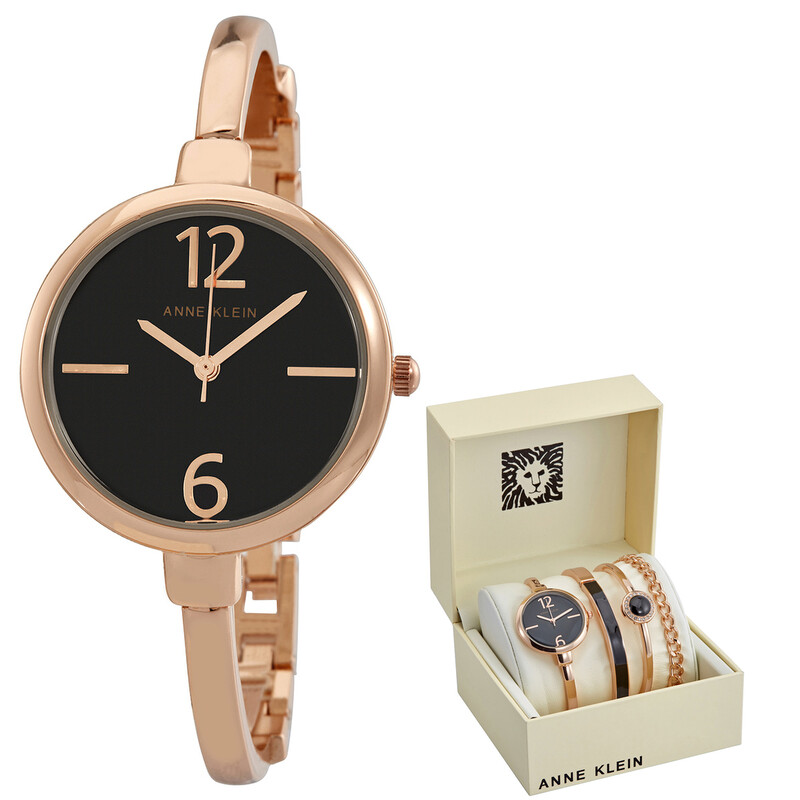 【預購】Anne Klein H072402 女裝亮面錶盤手錶手鏈套裝 (黑色錶盤/玫瑰金)