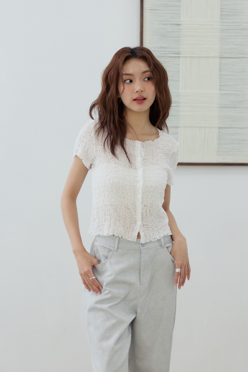 肌理木耳邊開襟短袖衫