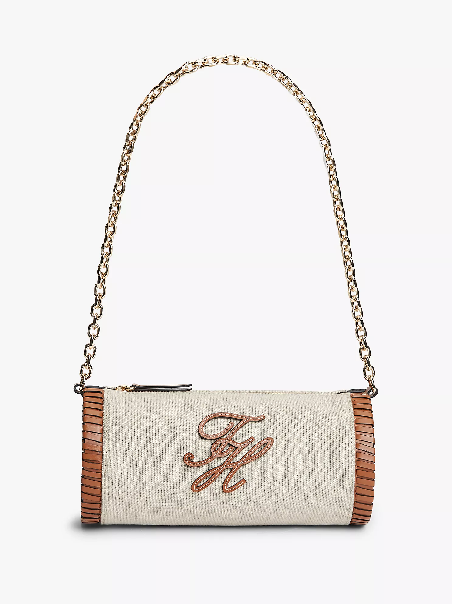 【預購】TOMMY HILFIGER H072405 Script Monogram 亞麻鏈條圓筒包 (淺米色)