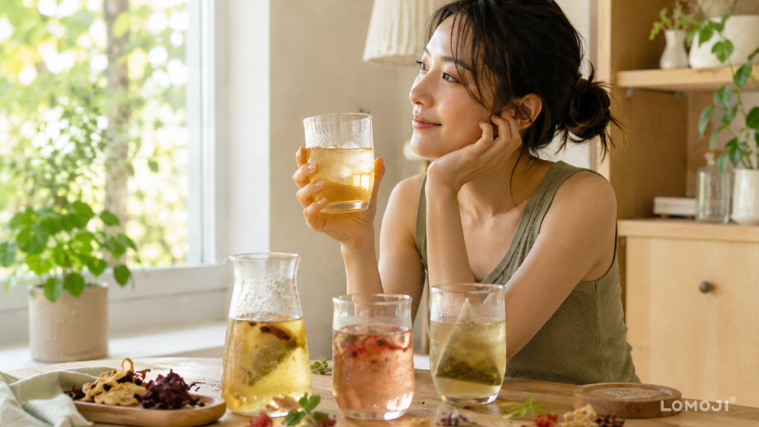 比手搖飲更清爽解渴的夏日冷泡茶:女子居家享用天然漢方草本冷泡茶,多款繽紛茶色搭配冰塊,幫助夏日消暑去濕與補充水分