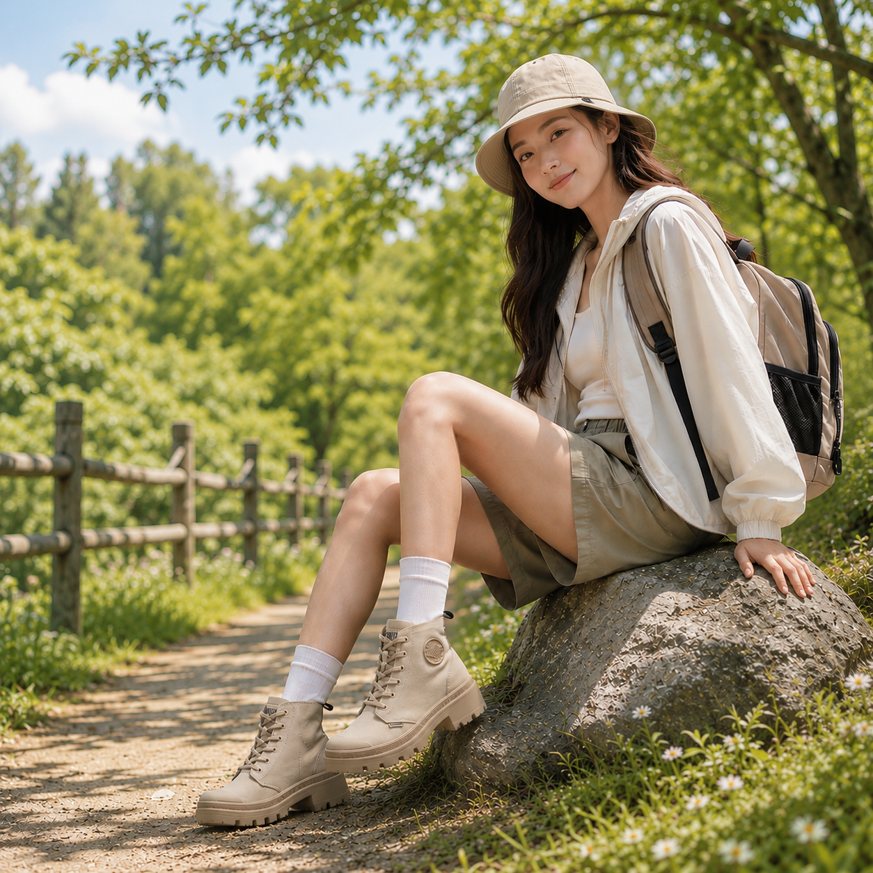 PALLADIUM 休閒鞋 PALLABASE TWILL 燕麥卡其 粗跟 帆布 高筒靴 女 96907-235