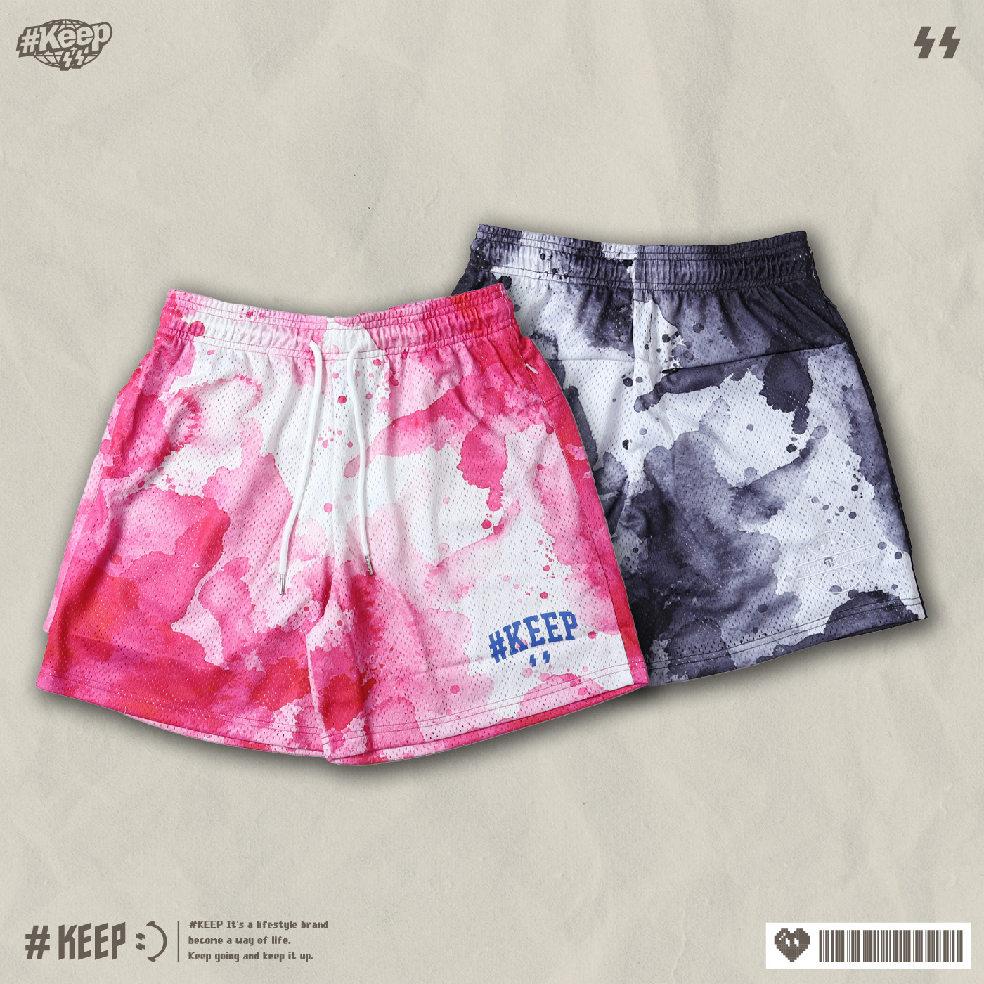 #KEEP SPLASHED INK SHORTS 水彩 潑墨 短褲 暈染 抽繩 網眼 膝上 黑色 粉色 運動 球褲【KS359】ABshorts LUKA KS180
