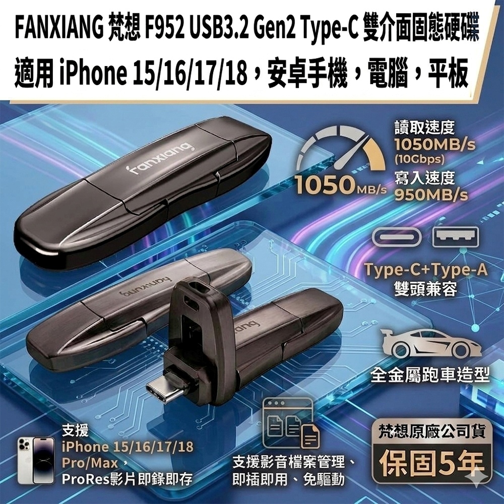 FANXIANG梵想F952 USB3.2Gen2 TypeC雙頭固態硬碟 讀速1050MB/s適用 蘋果15~18及安卓手機及電腦