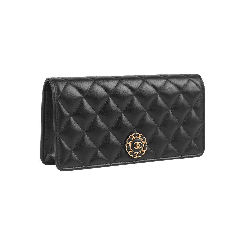 【CHANEL】CC Logo 圓形皮穿鍊標誌小羊皮翻蓋手拿包(黑色)
