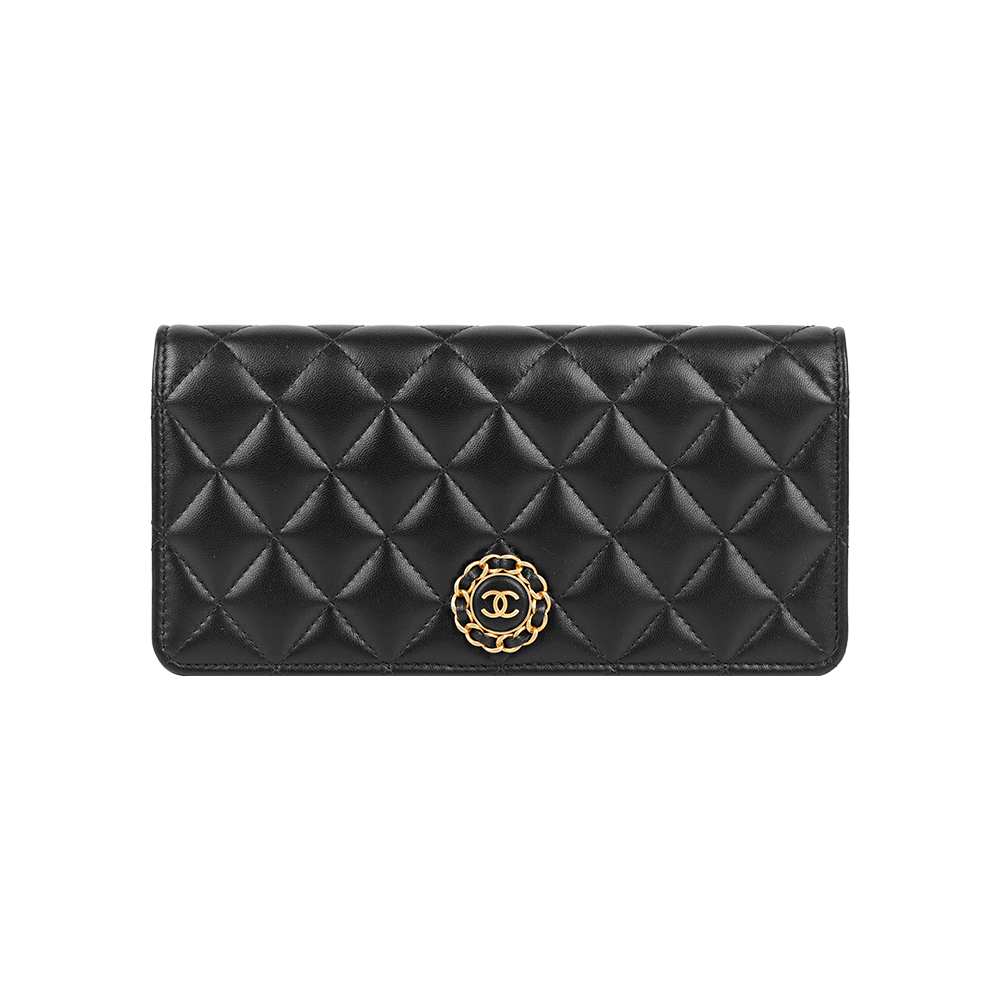 【CHANEL】CC Logo 圓形皮穿鍊標誌小羊皮翻蓋手拿包(黑色)