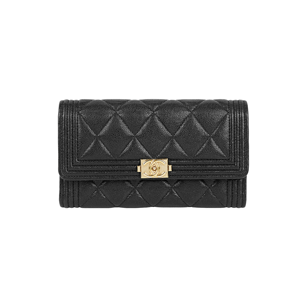 【CHANEL】Boy Chanel 金釦牛皮翻蓋二折中夾(黑色)