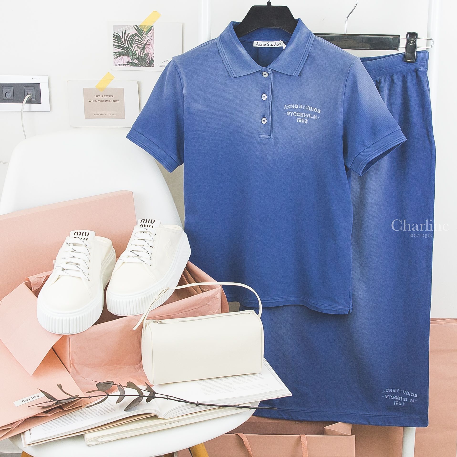 Miu Miu Denim Sneaker Mules 象牙白黑字側邊刺繡Logo水洗牛仔棉質厚底穆勒鞋,The Row 90's Bag 象牙白小羊皮手提包-Charline Boutique 精品代購