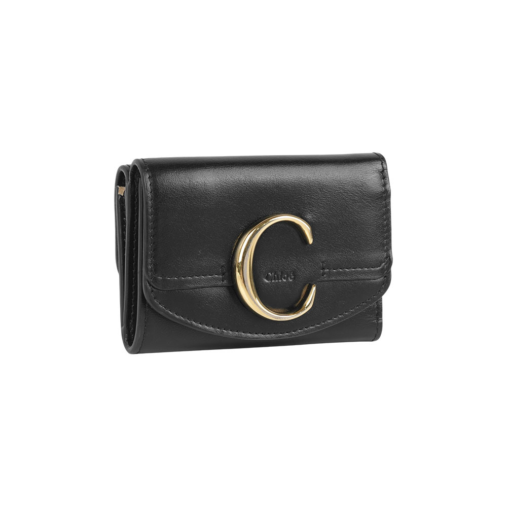 【Chloé】C Logo 平滑牛皮迷你三折短夾(黑色)