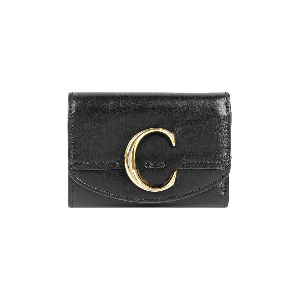 【Chloé】C Logo 平滑牛皮迷你三折短夾(黑色)