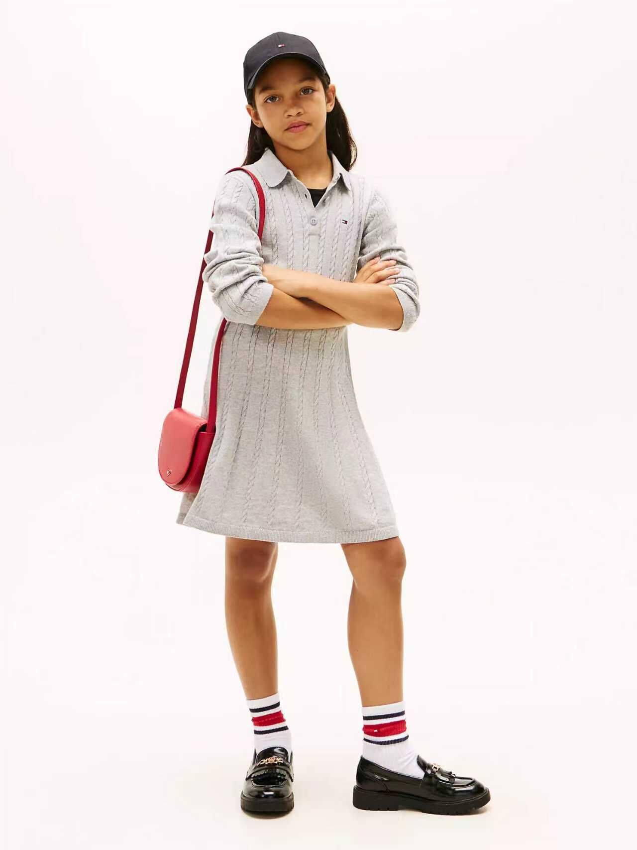 【預購】TOMMY HILFIGER H072428 童裝針織Polo連身裙 (淺灰色)