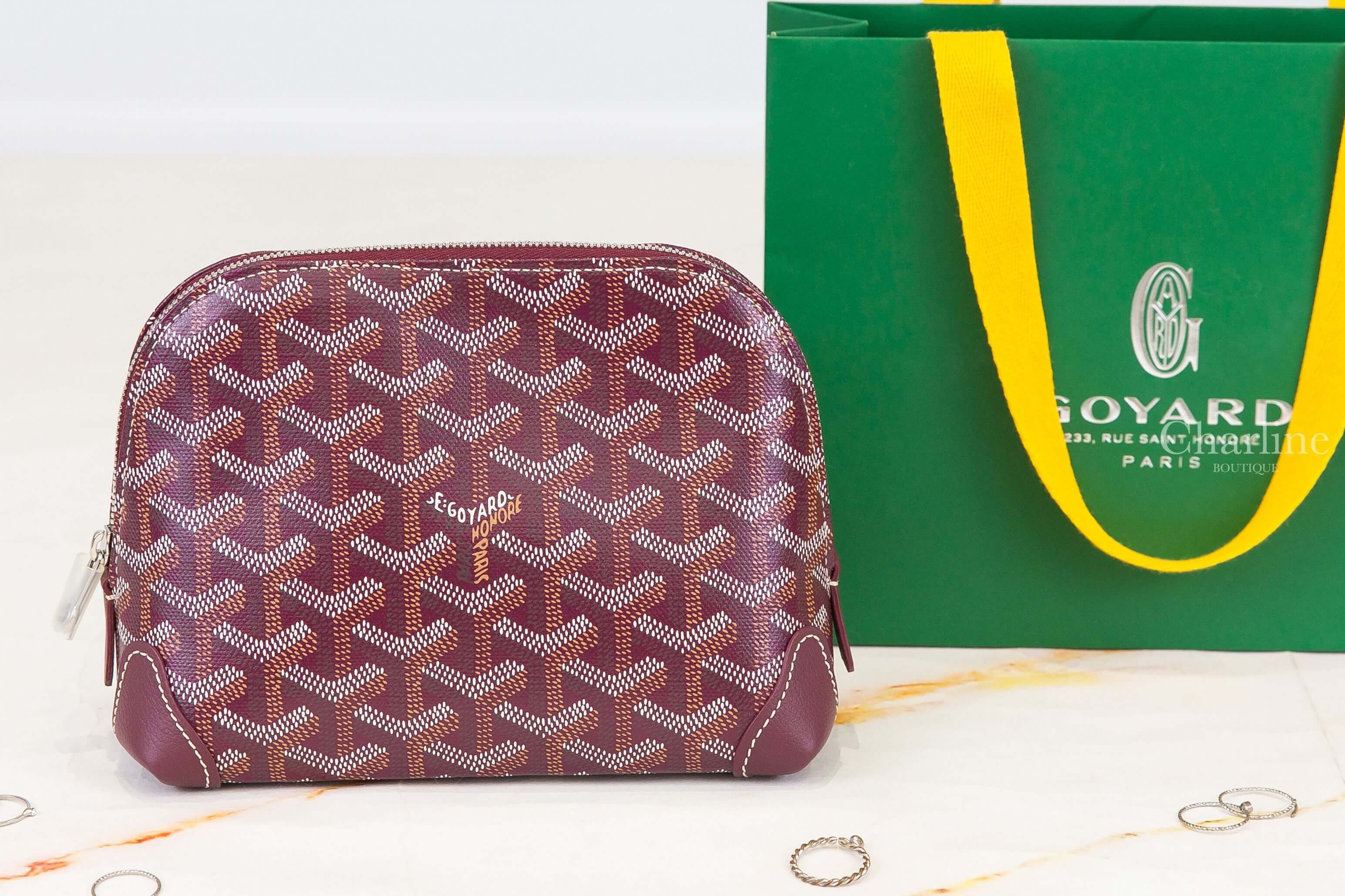 Goyard Vendôme Cosmetic Pouch 勃根地酒紅色帆布小牛皮黃色內裡拉鍊化妝包